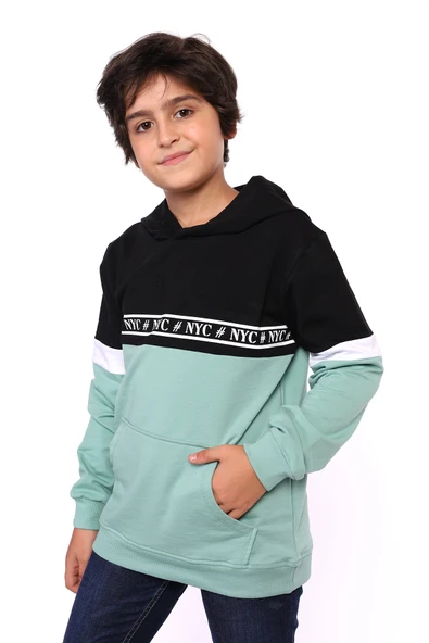Toontoy Erkek Çocuk Relax Fit Kapüşonlu Cepli Renk Bloklu Baskılı Sweatshirt - 2 İplik ürün görseli 1