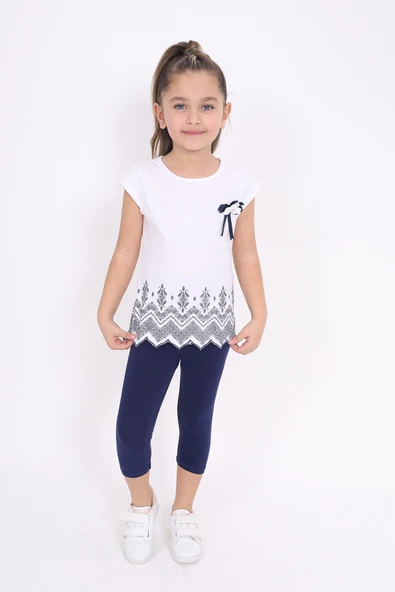 Toontoy Kız Çocuk 2'li Takım Baskılı Bisiklet Yaka T-Shirt & Basic Düz Tayt ürün görseli 1