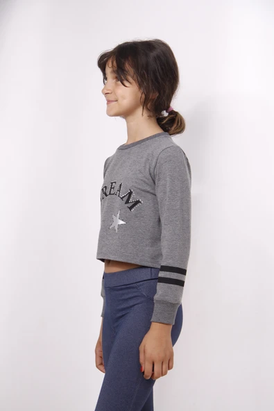 Toontoy Kız Çocuk Relax Fit Bisiklet Yaka Baskılı Crop Sweatshirt - 2 İplik ürün görseli 1