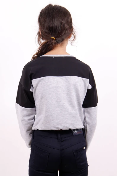 Toontoy Kız Çocuk Relax Fit Yuvarlak Yaka Düşük Omuz Renk Bloklu Baskılı Crop Sweatshirt - Beli Ayarlanabilir &2 İplik ürün görseli 1