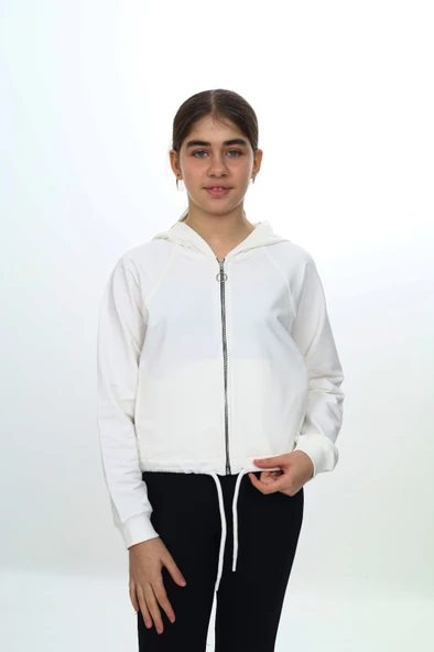 Toontoy Kız Çocuk Kapüşonlu Fermuarlı Reglan Kol Örme Hırka - Beli Ayarlanabilir Kordonlu & 2 İplik ürün görseli 1