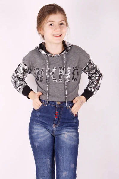 Toontoy Kız Çocuk Kamuflaj Desenli Kapşonlu Sweatshirt ürün görseli 1
