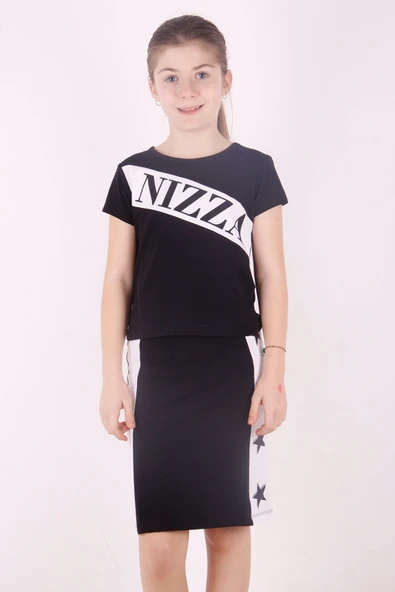 Toontoy Kız Çocuk 2'li Takım Baskılı Bisiklet Yaka T-Shirt & Basic Kalem Etek ürün görseli 1