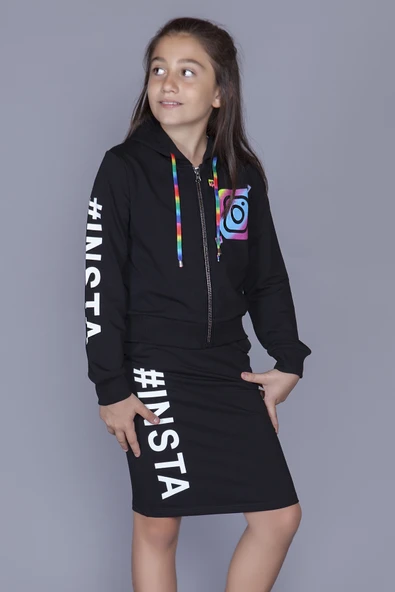Toontoy Kız Çocuk 2'li Takım Baskılı Kapüşonlu Fermuarlı Sweatshirt & Cepli Basic Kalem Etek ürün görseli 1