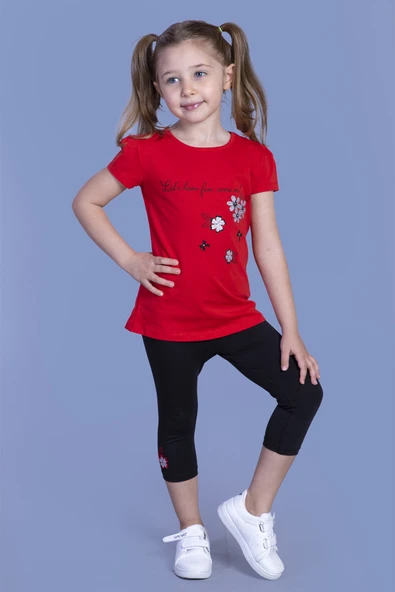 Toontoy Kız Çocuk Çiçek Desenli Yazı Baskılı Taytlı Takım ürün görseli 1