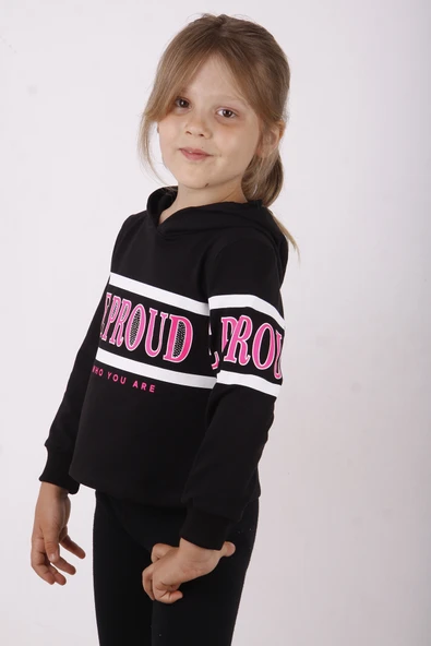 Toontoy Kız Çocuk Regular Fit Kapüşonlu Baskılı Basic Sweatshirt - 2 İplik - Resim 3