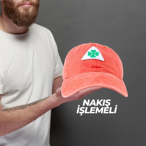 Perlotus Vintage Yıkamalı Pamuk Şapka Dört Yapraklı Yonca Nakışlı Turuncu ürün görseli 1