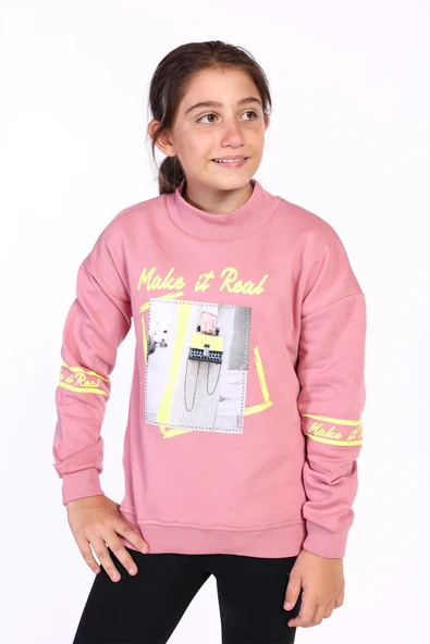 Toontoy Kız Çocuk Baskılı Taş İşlemeli Balıkçı Yaka Sweatshirt ürün görseli 1