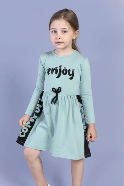 Toontoy Kız Çocuk Taş İşlemeli Enjoy Baskılı Elbise ürün görseli 1