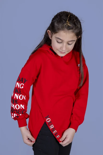 Toontoy Kız Çocuk Kapüşonlu Yırtmaç Detaylı Baskılı Sweatshirt ürün görseli 1