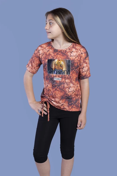 Toontoy Kız Çocuk 2'li Takım Baskılı Bisiklet Yaka T-Shirt & Basic Düz Tayt - Yırtmaç Detaylı - Bağcıklı ürün görseli 1