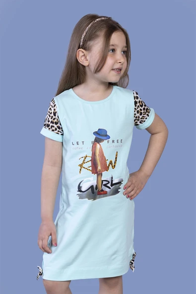 Toontoy Kız Çocuk Baskılı Regular Fit Bisiklet Yaka Kısa Kollu Elbise - Garni & Bağcık Detaylı ürün görseli 1