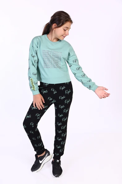 Toontoy Kız Çocuk 2'li Takım Baskılı Bisiklet Yaka Sweatshirt & Beli Paçası Lastikli Jogger Eşofman Altı - Renk Bloklu & 2 İplik ürün görseli 1
