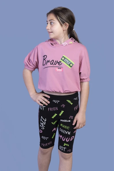 Toontoy Kız Çocuk 2'li Takım Baskılı Kapüşonlu Kısa Kollu Crop Sweatshirt & Basic Düz Crop Tayt ürün görseli 1