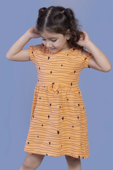 Toontoy Kız Çocuk Baskılı Relax Fit Bisiklet Yaka Kısa Kollu Elbise - Açık Omuz Detaylı & ürün görseli 1