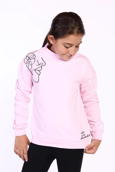 Toontoy Kız Çocuk Nakışlı Taş İşlemeli Balıkçı Yaka Sweatshirt ürün görseli 1