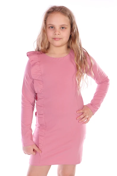 Toontoy Kız Çocuk Regular Fit Bisiklet Yaka Uzun Kollu Fırfırlı Elbise - ürün görseli 1