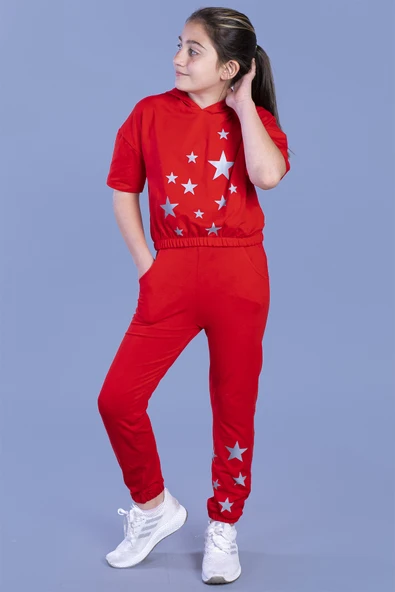 Toontoy Kız Çocuk 2'li Takım Baskılı Kısa Kollu Kapüşonlu Sweatshirt & Beli Paçası Lastikli Cepli Jogger Eşofman Altı - 2 İplik ürün görseli 1