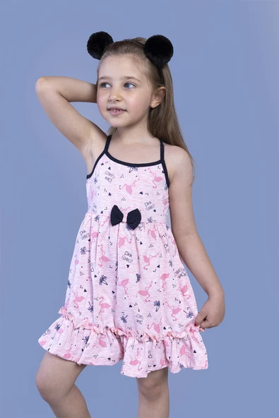 Toontoy Kız Çocuk Flamingo Desenli Büzgü Detaylı Elbise ürün görseli 1