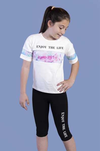 Toontoy Kız Çocuk 2'li Takım Baskılı Bisiklet Yaka T-Shirt & Basic Düz Crop Tayt & Garnili Detaylı ürün görseli 1