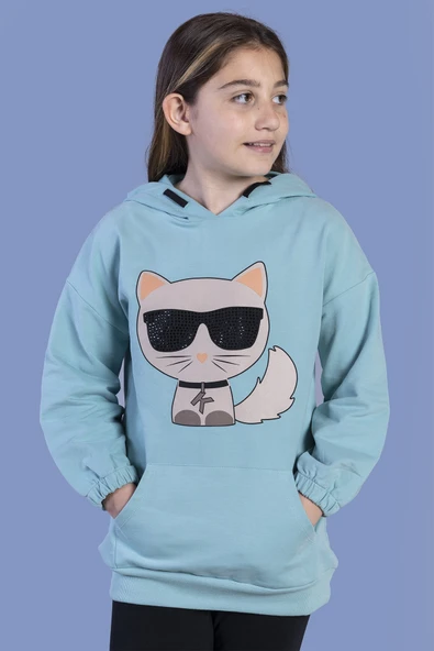 Toontoy Kız Çocuk Kedi Desenli Taş İşlemeli Kanguru Cepli Sweatshirt ürün görseli 1