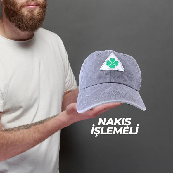 Perlotus Vintage Yıkamalı Pamuk Şapka Dört Yapraklı Yonca Nakışlı Gri ürün görseli 1