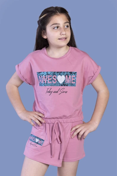 Toontoy Kız Çocuk Awesome Baskılı Şortlu Takım ürün görseli 1