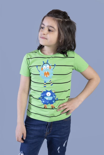 Toontoy Erkek Çocuk Çizgili Canavar Baskılı Tişört ürün görseli 1