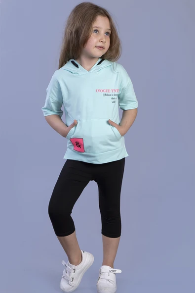 Toontoy Kız Çocuk 2'li Takım Baskılı Kapüşonlu Cepli Kısa Kollu Yırtmaçlı Sweatshirt & Basic Düz Crop Tayt ürün görseli 1