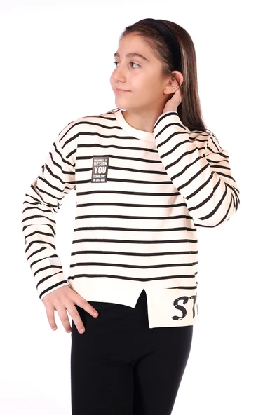 Toontoy Kız Çocuk Çizgili Striped Baskılı Sweatshirt ürün görseli 1