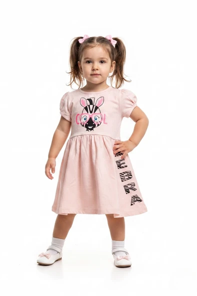 Toontoy Kız Çocuk Baskılı Relax Fit Bisiklet Yaka Kısa Kollu Elbise - 22363 ürün görseli 1
