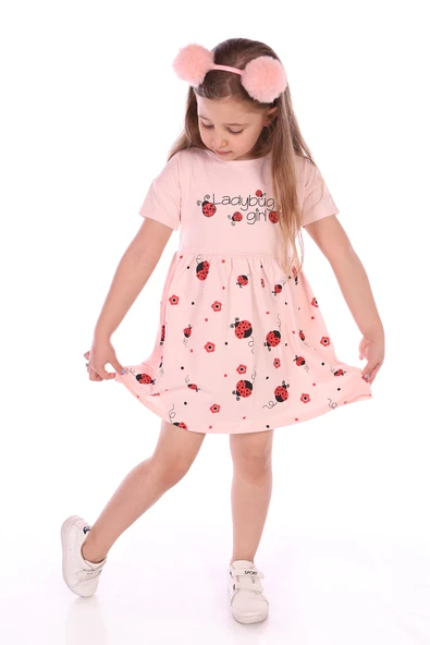 Toontoy Kız Bebek Bisiklet Yaka Kısa Kollu Belden Oturtmalı Baskılı Elbise  22270 ürün görseli 1