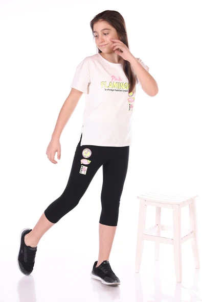 Toontoy Kız Çocuk 2'li Takım Baskılı Bisiklet Yaka T-Shirt & Beli Lastikli Crop Tayt ürün görseli 1
