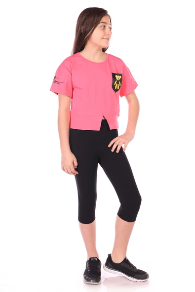 Toontoy Kız Çocuk 2'li Takım Baskılı Bisiklet Yaka T-Shirt & Beli Lastikli Crop Tayt - Yırtmaç Detaylı ürün görseli 1