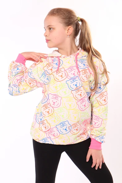 Toontoy Kız Çocuk Oversize Kapüşonlu Düşük Omuz Baskılı Sweatshirt -  2 İplik ürün görseli 1