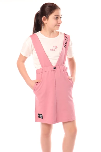 Toontoy Kız Çocuk Bisiklet Yaka Basic T-Shirt ve Askılı Cepli Nakış Baskılı Salopet Elbise - 2'li Takım ürün görseli 1