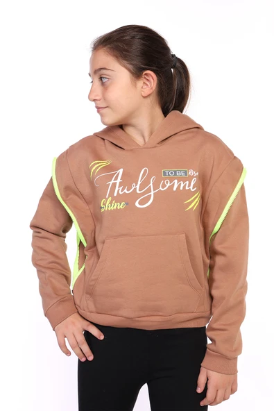 Toontoy Kız Çocuk Kapüşonlu Fermuar Detaylı Baskılı Sweatshirt ürün görseli 1