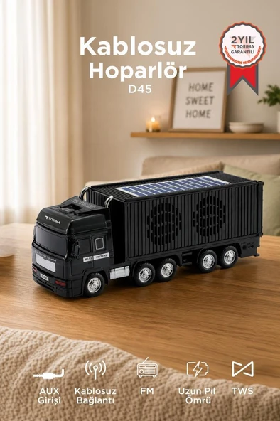 Bluetooth Hoparlör Güneş Enerjili Tır Tasarımlı FM USB AUX Speaker D45 Siyah ürün görseli 1