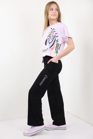 Toontoy Kız Çocuk 2'li Takım Baskılı Bisiklet Yaka Kısa Kollu T-Shirt &  Beli Lastikli Cepli Bol Paça Eşofman Altı 30/1 Penye ürün görseli 1