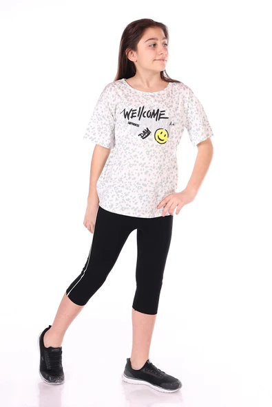 Toontoy Kız Çocuk 2'li Takım Baskılı Yuvarlak Yaka T-Shirt & Beli Lastikli Crop Tayt ürün görseli 1