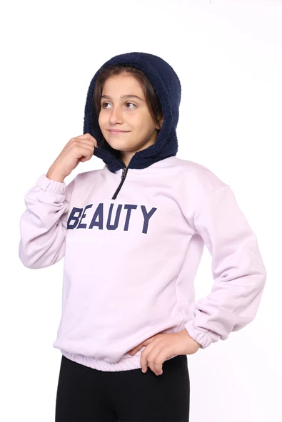 Toontoy Kız Çocuk Oversize Kapüşonlu Fermuarlı Düşük Omuz Baskılı Lastikli Sweatshirt - 3 İplik Şardonlu ürün görseli 1
