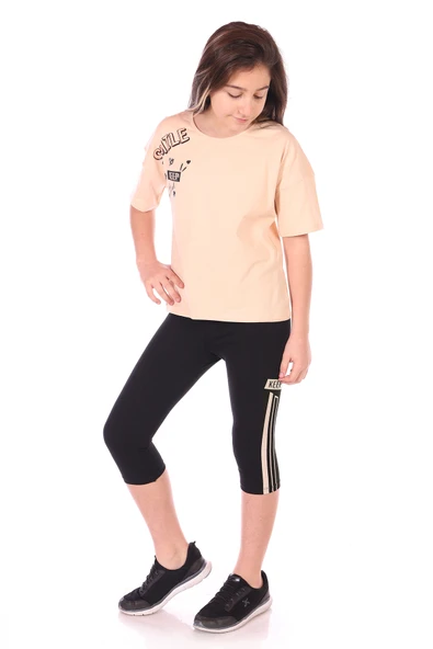 Toontoy Kız Çocuk 2'li Takım Baskılı Bisiklet Yaka T-Shirt & Beli Lastikli Crop Tayt ürün görseli 1