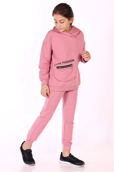 Toontoy Kız Çocuk 2'li Takım Baskılı Kapüşonlu Torba Cepli Asimetrik Sweatshirt & Beli Paçası Lastikli Cepli Jogger Eşofman Altı - 2 İpilk ürün görseli 1
