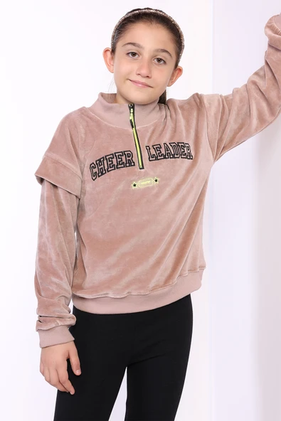 Toontoy Kız Çocuk Fermuar Detaylı Nakışlı Kadife Sweatshirt ürün görseli 1