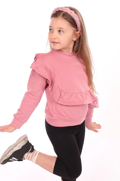 Toontoy Kız Çocuk Oversize Bisiklet Yaka Düşük Omuz Asimetrik Sweatshirt - Fırfır Detaylı & 2 İplik ürün görseli 1