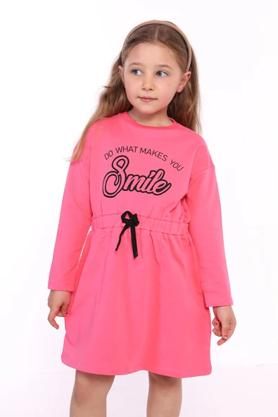 Toontoy Kız Çocuk Taş İşlemeli Smile Yazı Baskılı Elbise ürün görseli 1