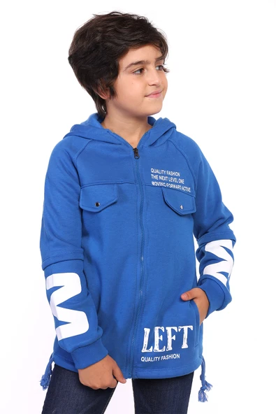 Toontoy Erkek Çocuk Kapüşonlu Fermuarlı Cepli Düşük Omuz Baskılı Reglan Kol Örme Hırka - Beli Ayarlanabilir Bağcıklı ürün görseli 1
