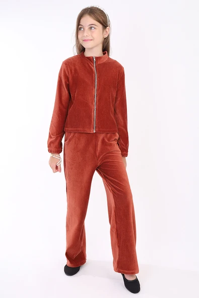 Toontoy Kız Çocuk 2'li Takım Dik Yaka Fermuarlı Sweatshirt & Beli Lastikli Cepli Bol Paça Eşofman Altı - Kadife ürün görseli 1