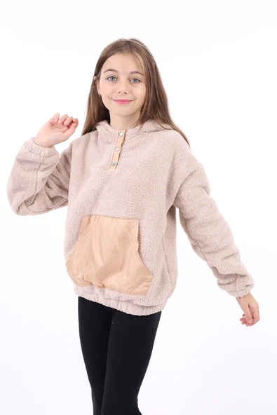 Toontoy Kız Çocuk Oversize Kapüşonlu Çıtçıtlı Cepli Düşük Omuz Peluş Sweatshirt - Garnili ürün görseli 1