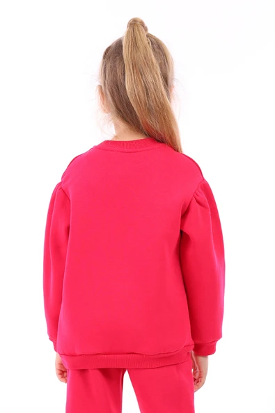 Toontoy Kız Çocuk Oversize Bisiklet Yaka Büzgülü Balon Kollu Baskılı Sweatshirt - 3 İplik Şardonlu ürün görseli 1